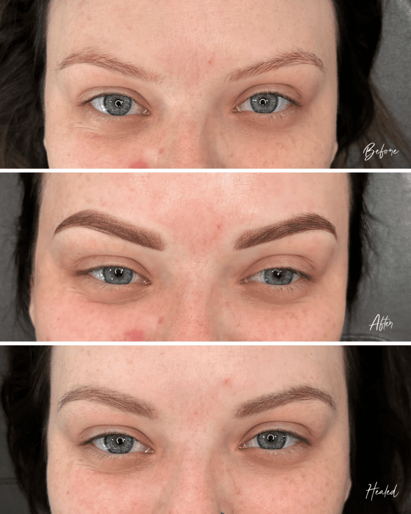 Before, after, and healed results of permanent makeup brows by Foundations Artistry in Ammon, Idaho, showing the full healing process from initial appointment to final result.