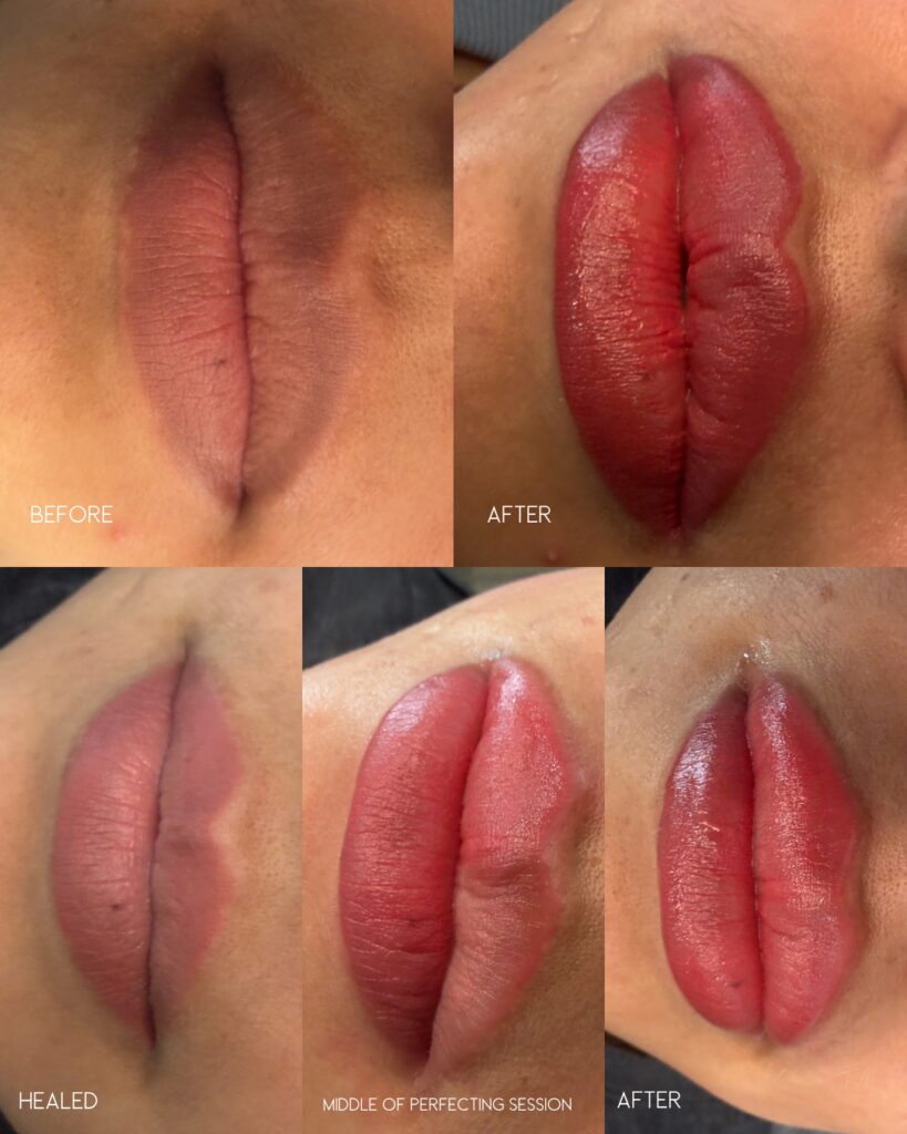 Lip blush before, fresh after, and healed results showing color progression through the perfecting session