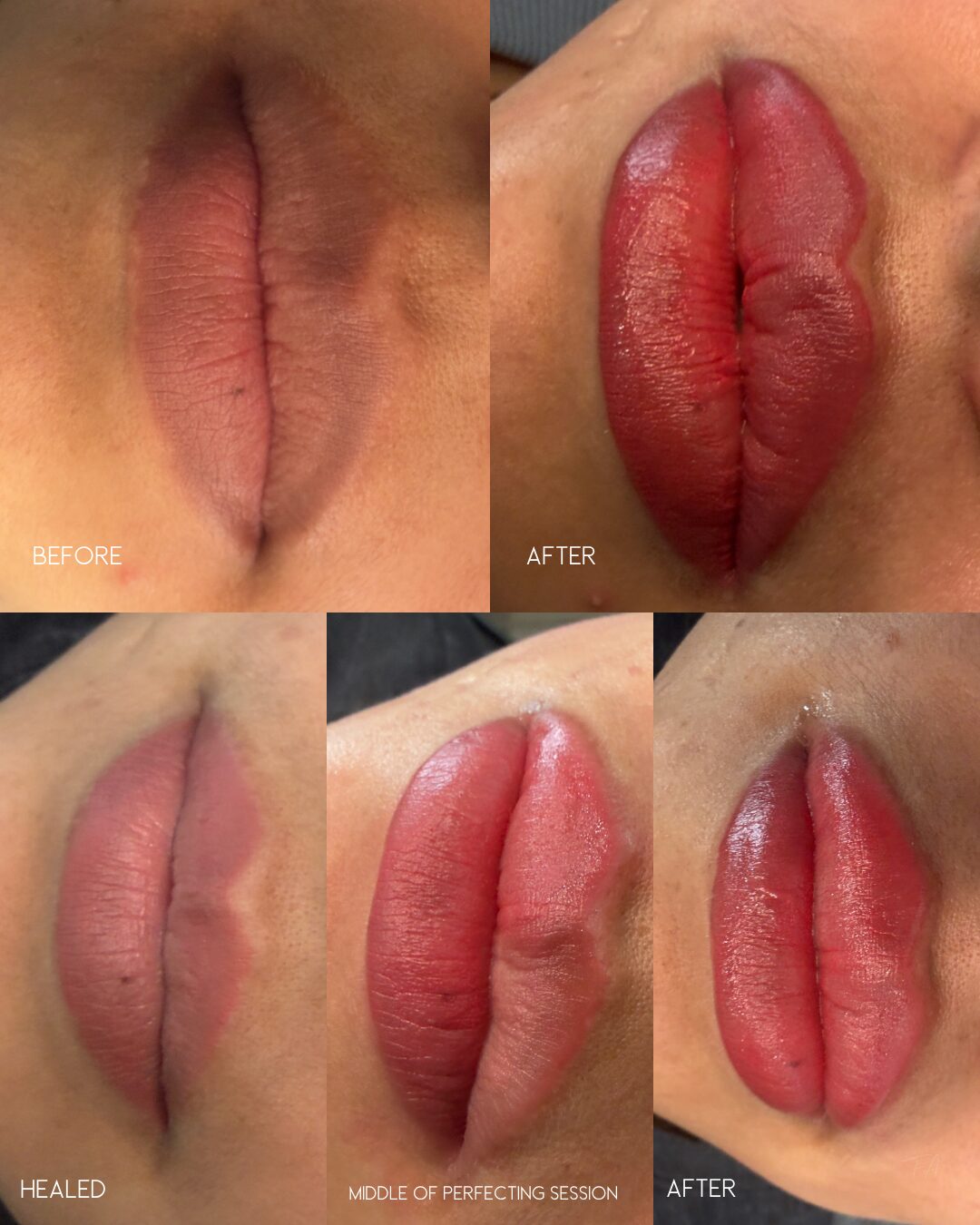 Lip blush before, fresh after, and healed results showing color progression through the perfecting session
